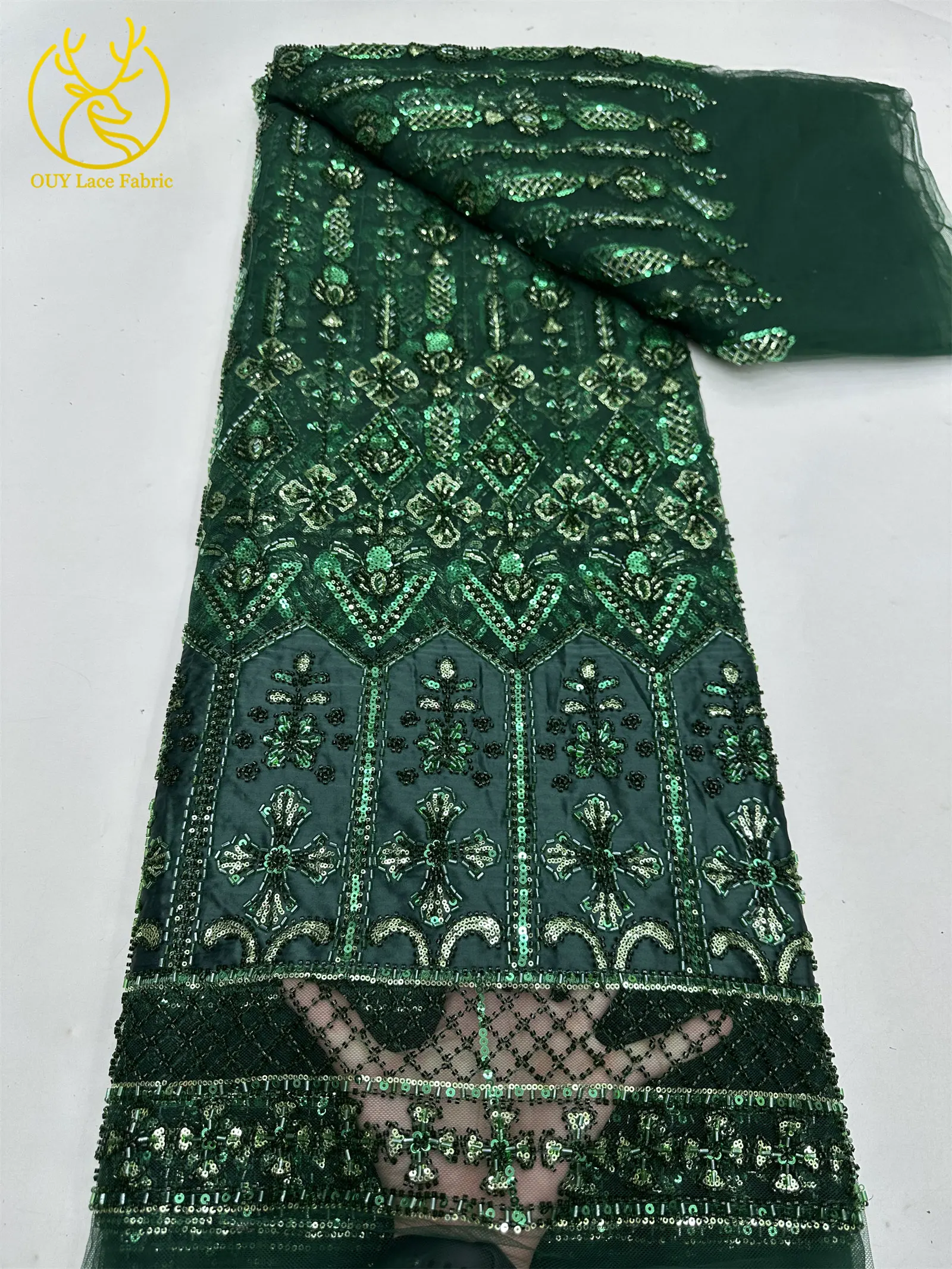 Luxuriöser französischer Pailletten-Spitzenstoff 2026 – Hochwertiger afrikanischer Perlen-Spitzenstoff, nigerianischer bestickter Stoff für Partykleider, 5 Yards – Detail 9