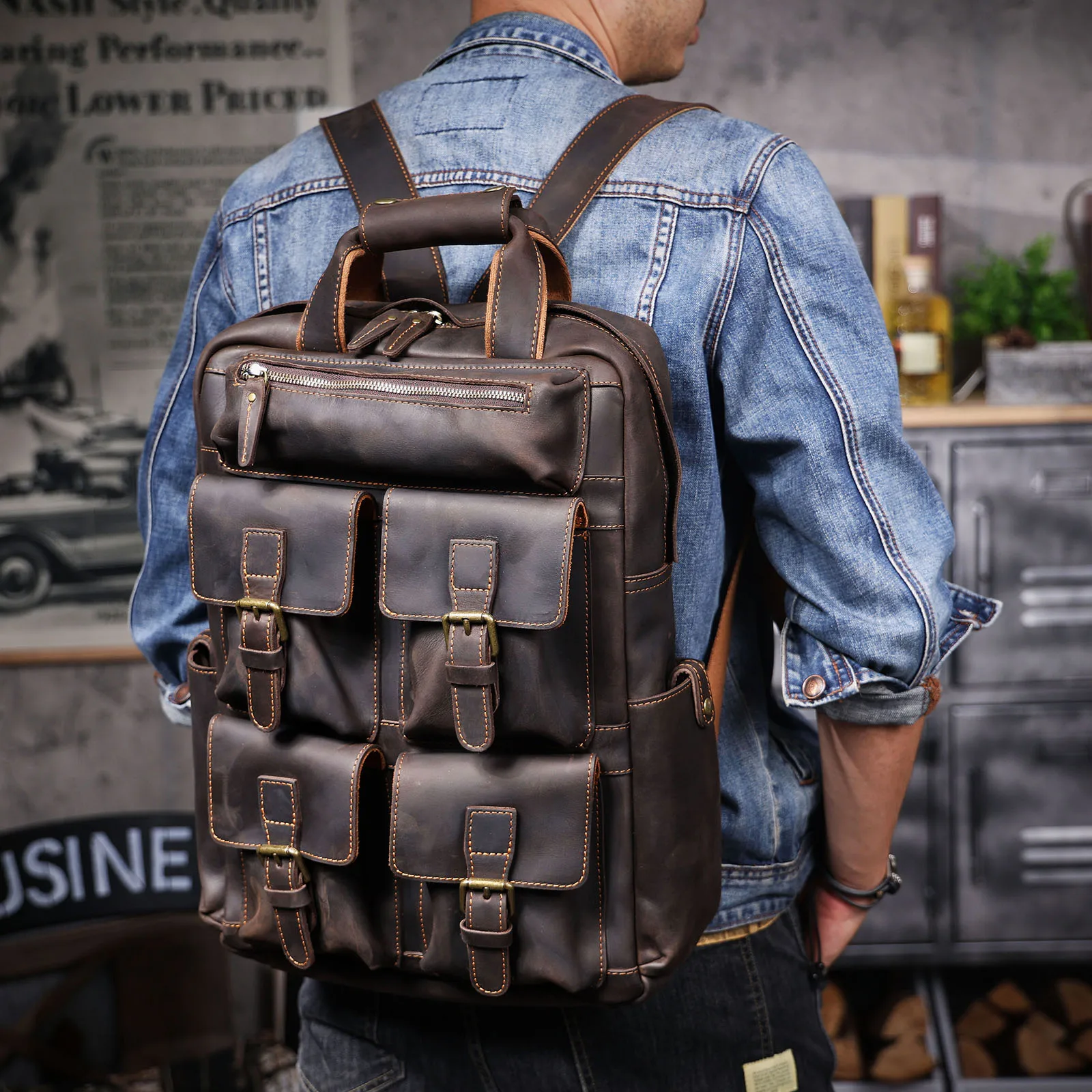 S.WORKER Vintage Echtleder-Rucksack 16 Zoll Laptop-Tasche Lässige Crazy-Horse-Leder Schultasche Outdoor-Reise-Weekender-Tasche – Detail 6