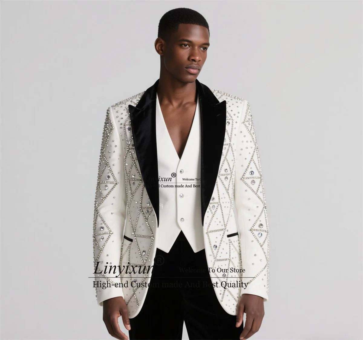 

Glitter Jewelry Ornament Men Suits 3 Pieces Sets Party Tuxedos Wedding Groom Male Prom Blazer Slim Fit Customized Ropa Hombre