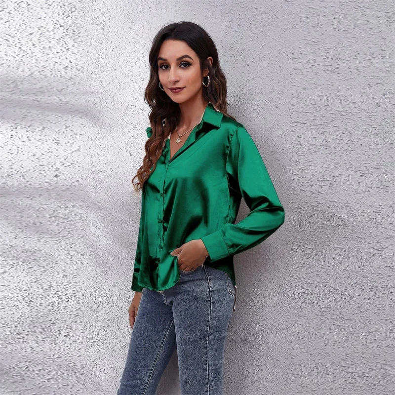 Spring Satin Shirt Women Loose Button Up Blouse Shirts Ladies Imitation Silk Long Sleeve Shirt for Women