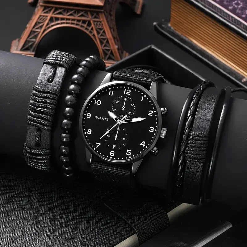 4-piece men's watch and accessories set, stylish and casual, featuring the latest trendy design, making it an ideal gift choice