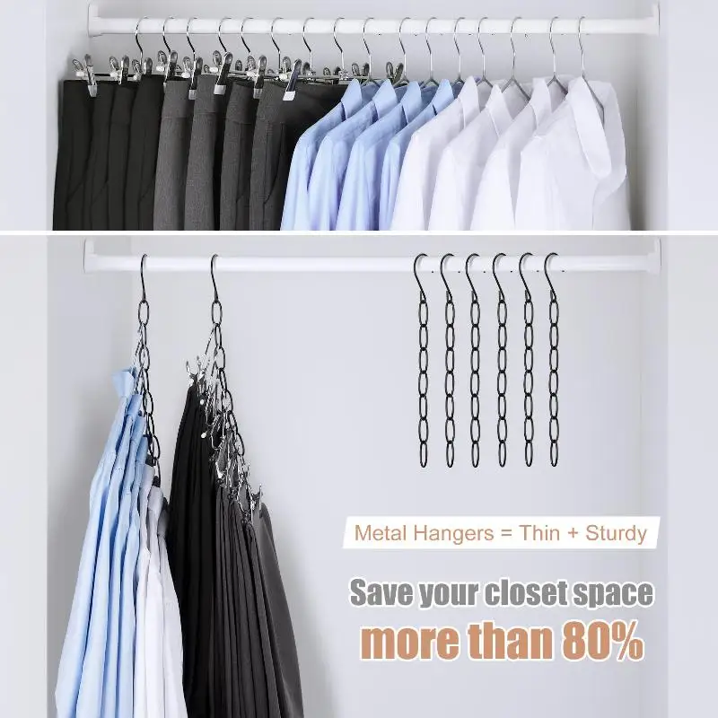 1/5Pcs Space Saving Metal Clothes Hanger Chain 8 Slots Hold Multiple Garments For Small Closet Dorm Apartment Storage
