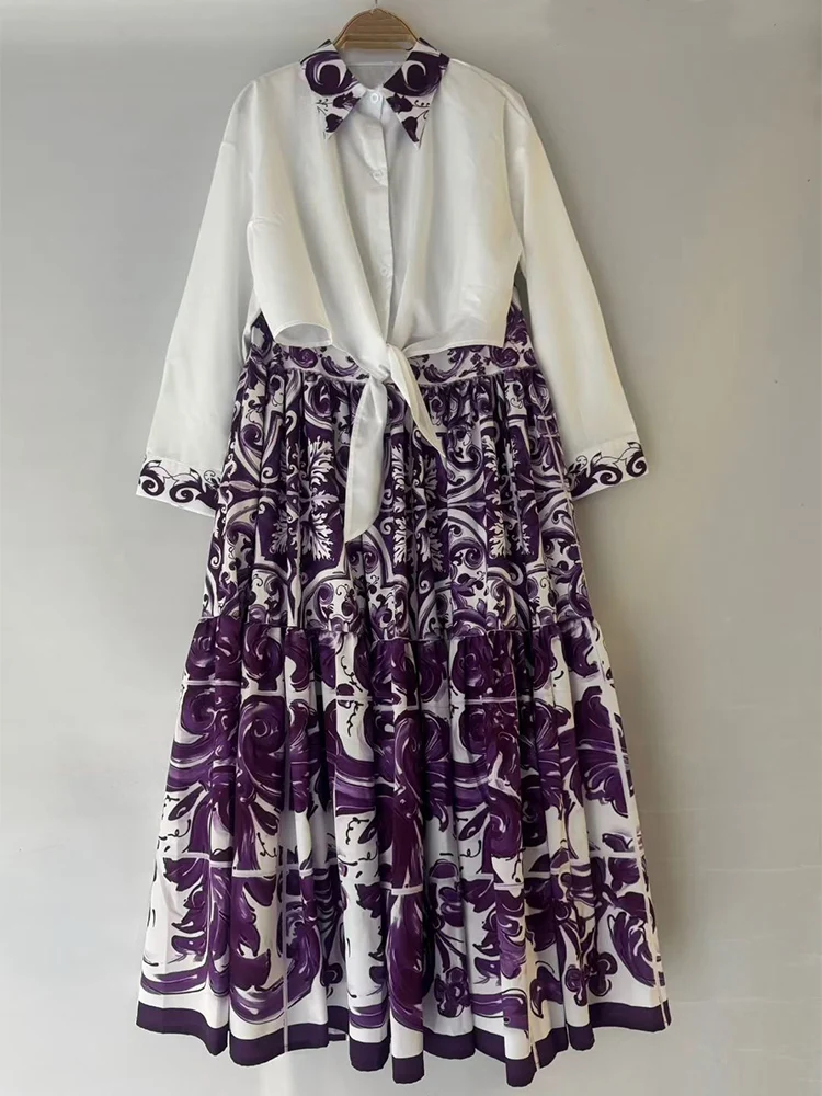 패션 봄 여성 신상 투피스 라펠 긴팔 밑단 레이스업 허리 셔츠+하이웨이스트 A라인 빅 스커트 여성 정장