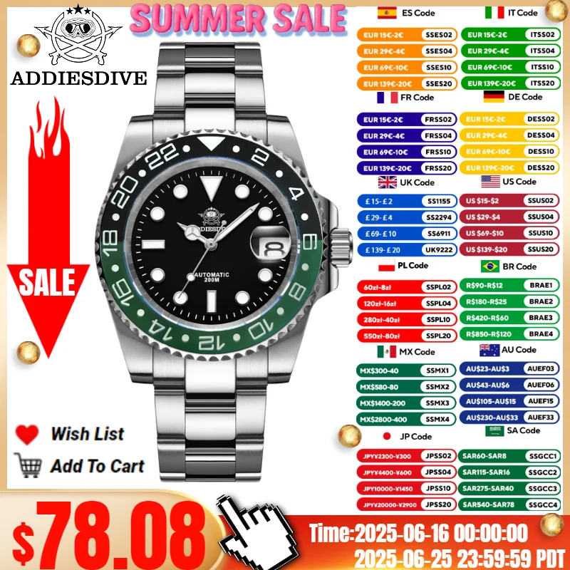 

ADDIESDIVE 41mm Men's Watch Luminous 200m Diver Ceramic Bezel 316L Stainless Steel NH35 Automatic Watch Relogios Masculino