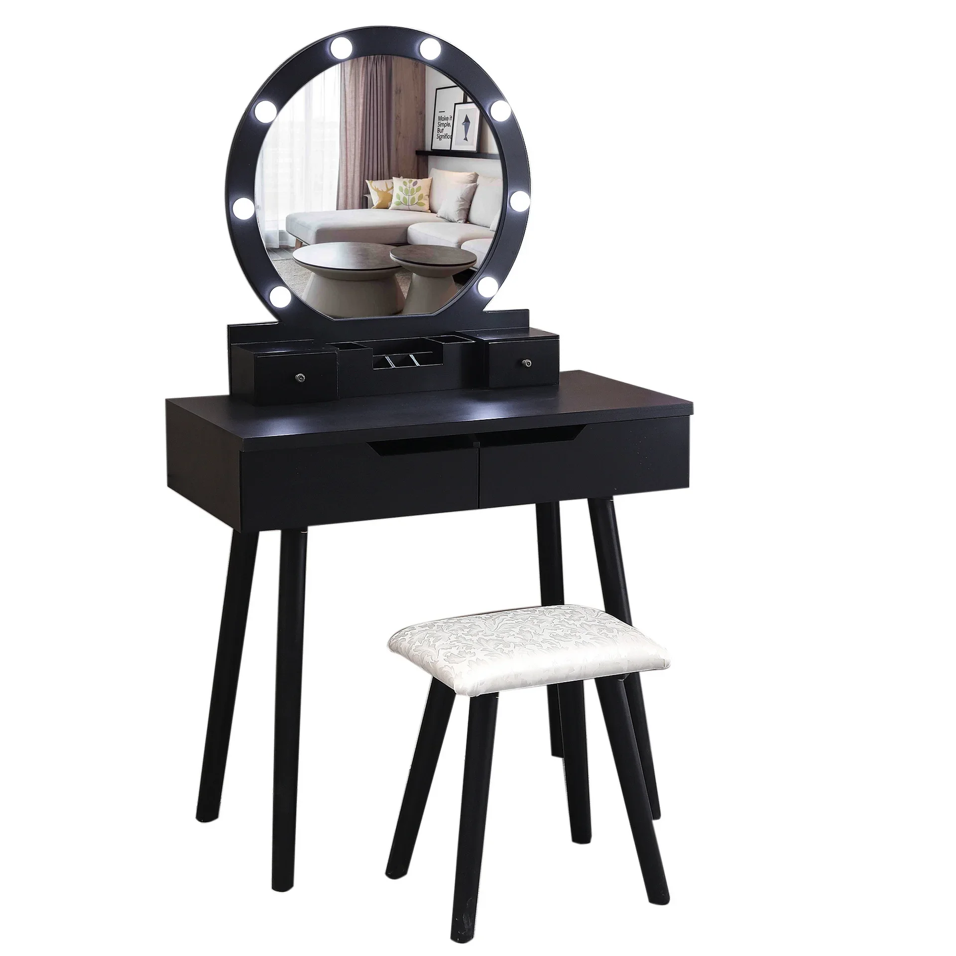 

Nordic black round mirror dresser, light luxury bedroom small apartment, makeup table small with stool