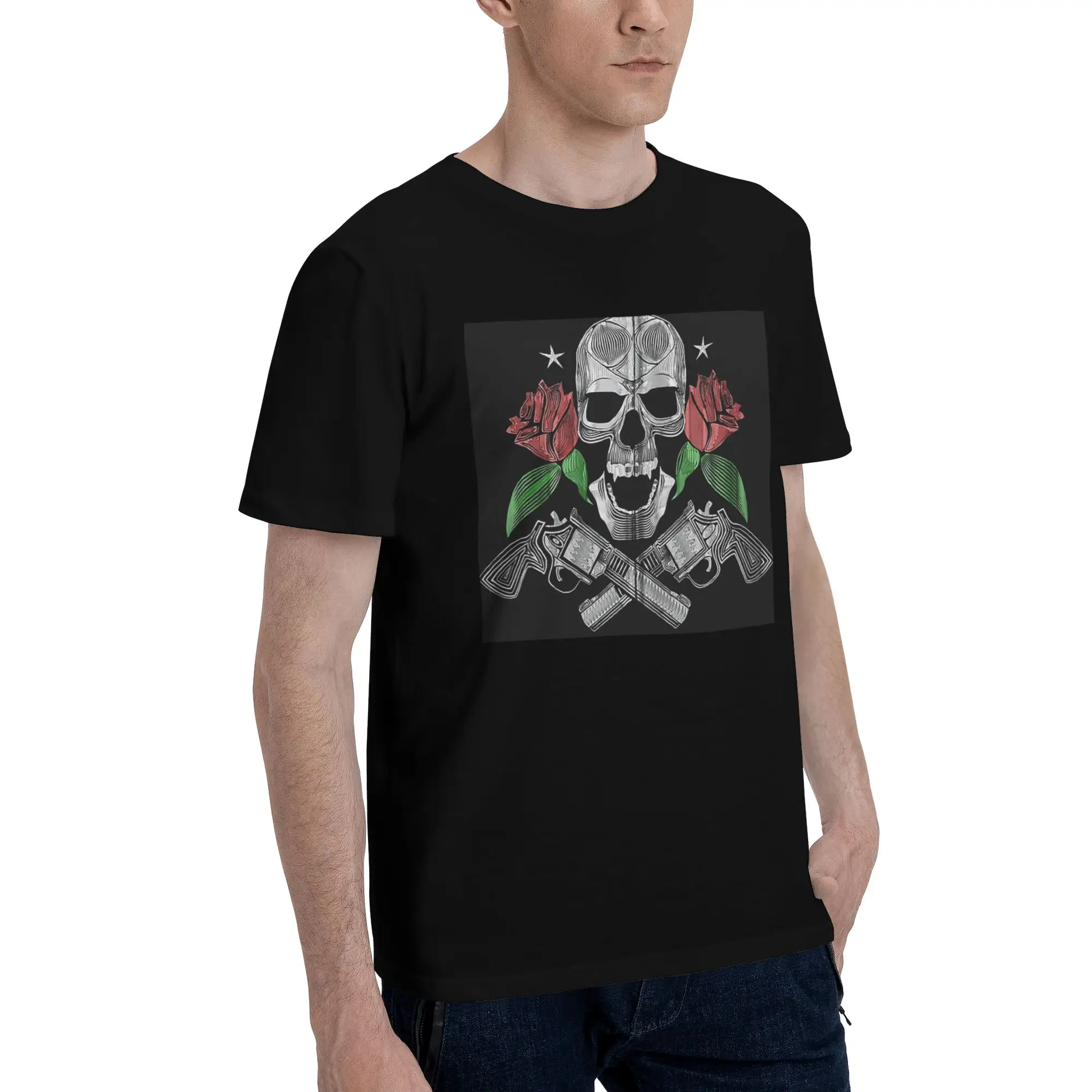 

Red Roses with Guns and Skull Design Zip Hoodie Men T-Shirt Oversized T Shirts Men's O-Neck Cotton Tees Short Summer Male