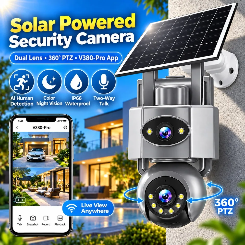 8MP Solar WiFi Camera Outdoor Dual Lens Night Vision Waterproof Sound Alarm Tracking 4G Security Surveillance Cameras V380 CCTV