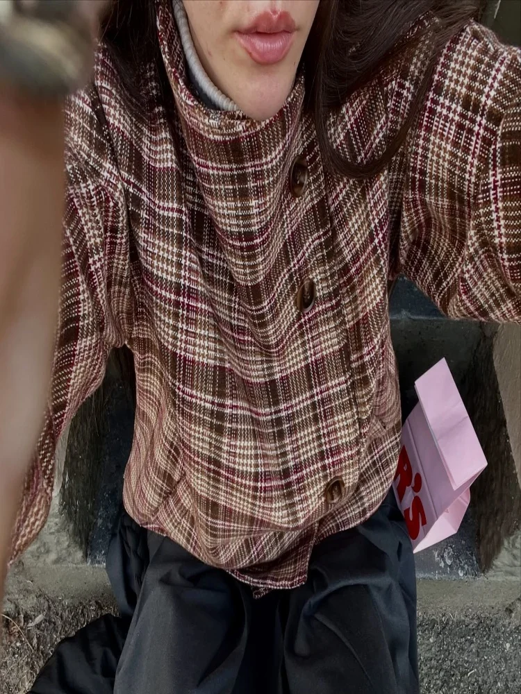 

Checkered Women's Jacket Coat Stand-Up Collar Single Breasted Pockets Long Sleeve Female Jackets Street Autumn Coats For Ladies