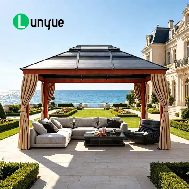 Modern Wood Grain Iron Gazebo 3.6x4.6m With Curtains Outdoor Garden Patio Shaded Canopy For Courtyard Backyard Durable
