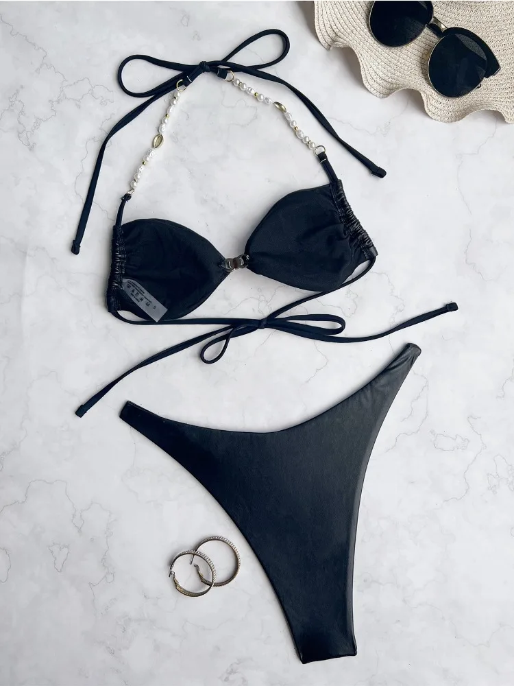 Conjunto de bikini para mujer, traje de baño negro sexy con cuello halter triangular, traje de baño de 2 piezas para playa de verano 2025, traje de baño sin espalda con tirantes