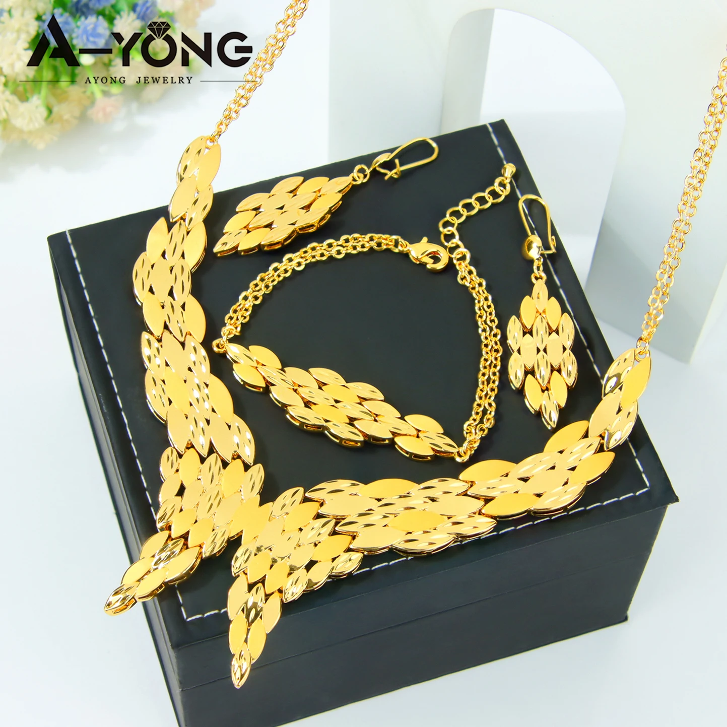 Dubai Hochzeit Gold Schmuck Set 24k vergoldet Nigeria Braut Halskette Armband Ohrringe Arabisch Frauen Prom Party Schmuck – Detail 3
