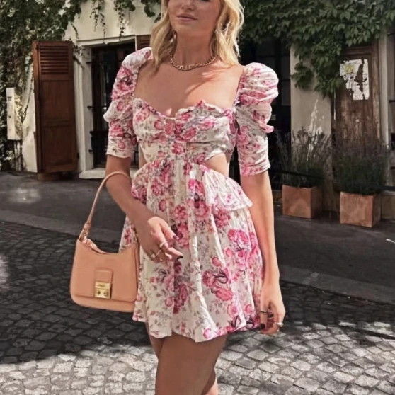 

TEELYNN Sexy Backless Hollow Out Waist Mini Dress Women Robe Vintage Short Sleeve Floral Print Boho Dress Summer Party Vestidos