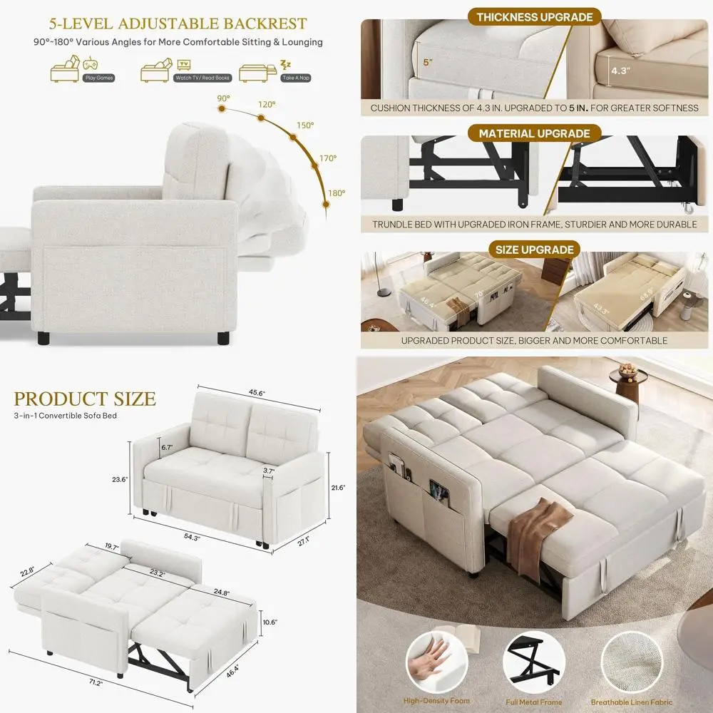 

Трансформируемый диван-кровать 3-в-1 с выдвижным механизмом, регулируемой спинкой и боковыми карманами, светло-бежевый, мебель для гостиной