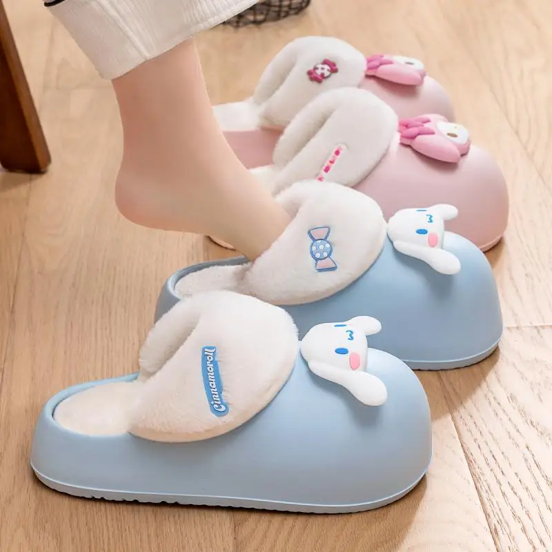 Cartoon Hello Kitty Cinnamoroll My Melody New Thick-Soled Waterproof Furry Slippers Kawaii Warm Home Shoes Outdoor Snow Boots