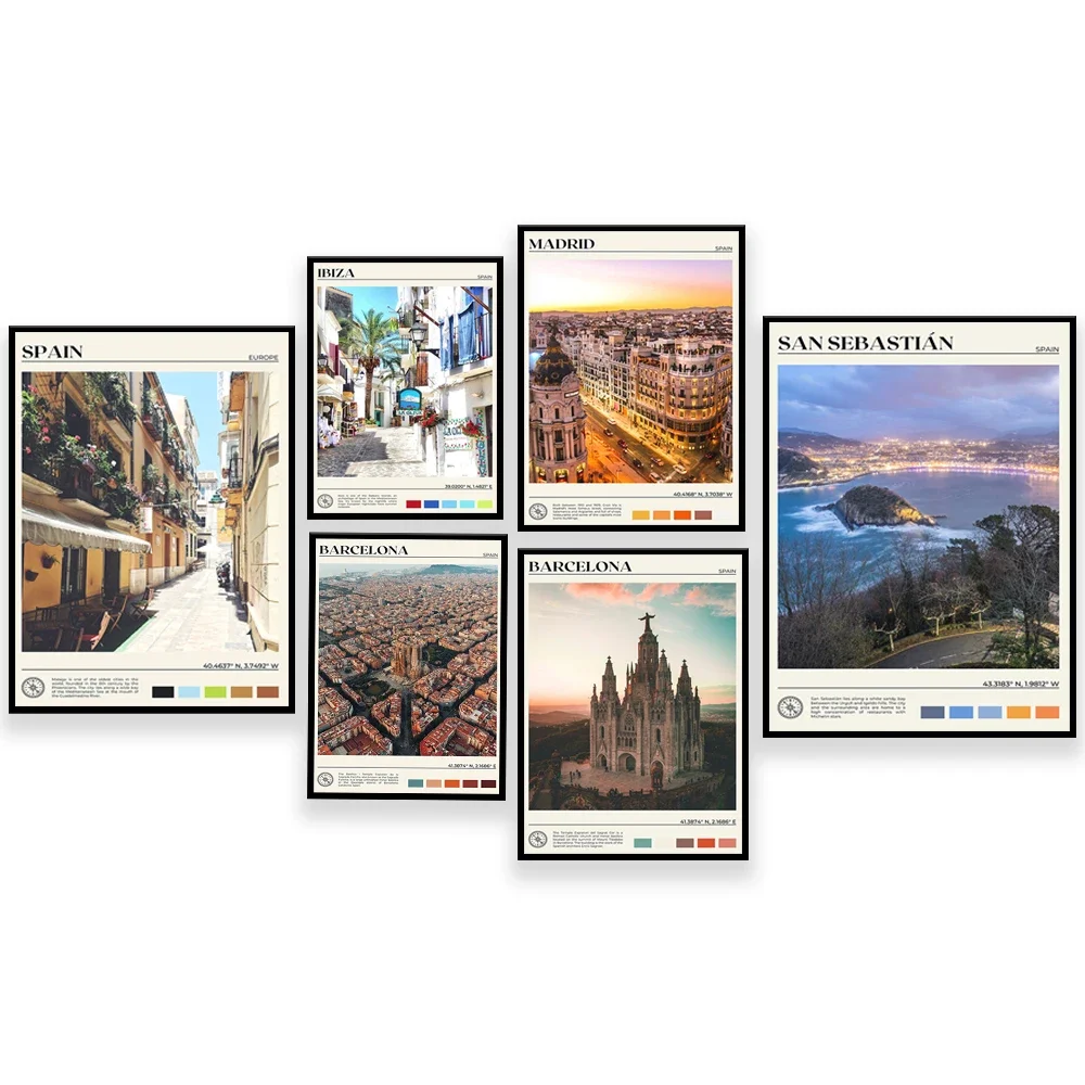 Póster de viaje de España, impresión de carteles de Barcelona, Madrid, San Sebastián, Ibiza, Europa, póster de paisajes de viaje