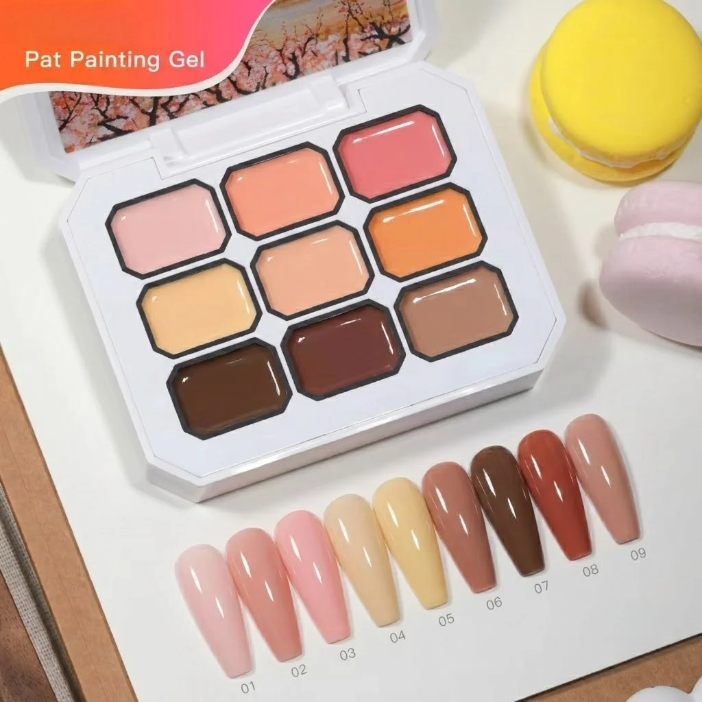9 Colors Nude Milk Tea Solid Cream Gel Palette Soak Off UV LED Painting Gel with Free Nail Brush Pigment Patting Gel for Salon D view 3