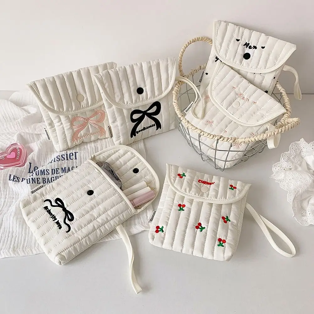 

Large Capacity Embroidery Cherry Cosmetic Bag Bowknot Cotton Cloth Bow Makeup Bag Menstruation Towel Storage Korean Style