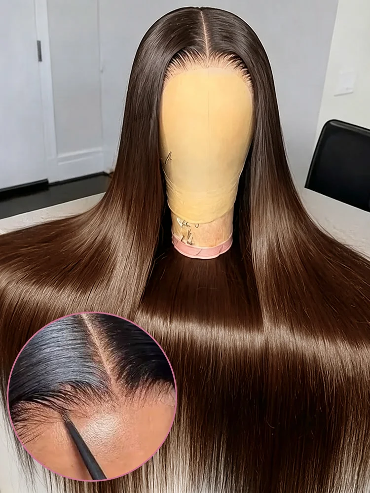 Perruques sans colle 13x4 en cheveux humains, 30-36 pouces, couleur ombrée brun foncé, raides, prêtes à porter, cheveux Remy soyeux colorés, 100% cheveux humains bruts, perruques en dentelle sans colle pour femmes, densité 250, ligne de cheveux naturelle pré-épilée, livraison rapide en 3-5 jours.