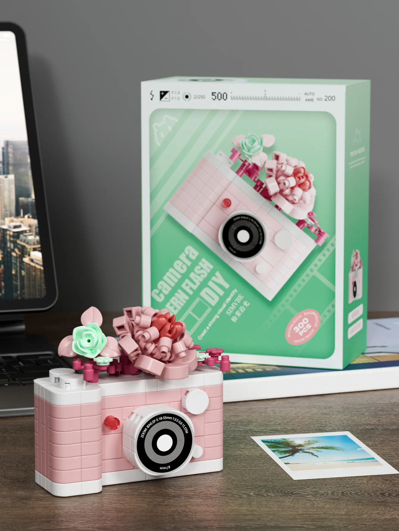 كاميرا عتيقة وزهور لبنات البناء ألعاب ذاتية الصنع مجموعة الطوب الجسيمات الصغيرة ألعاب ألغاز لهدايا الأصدقاء هدايا عيد الميلاد