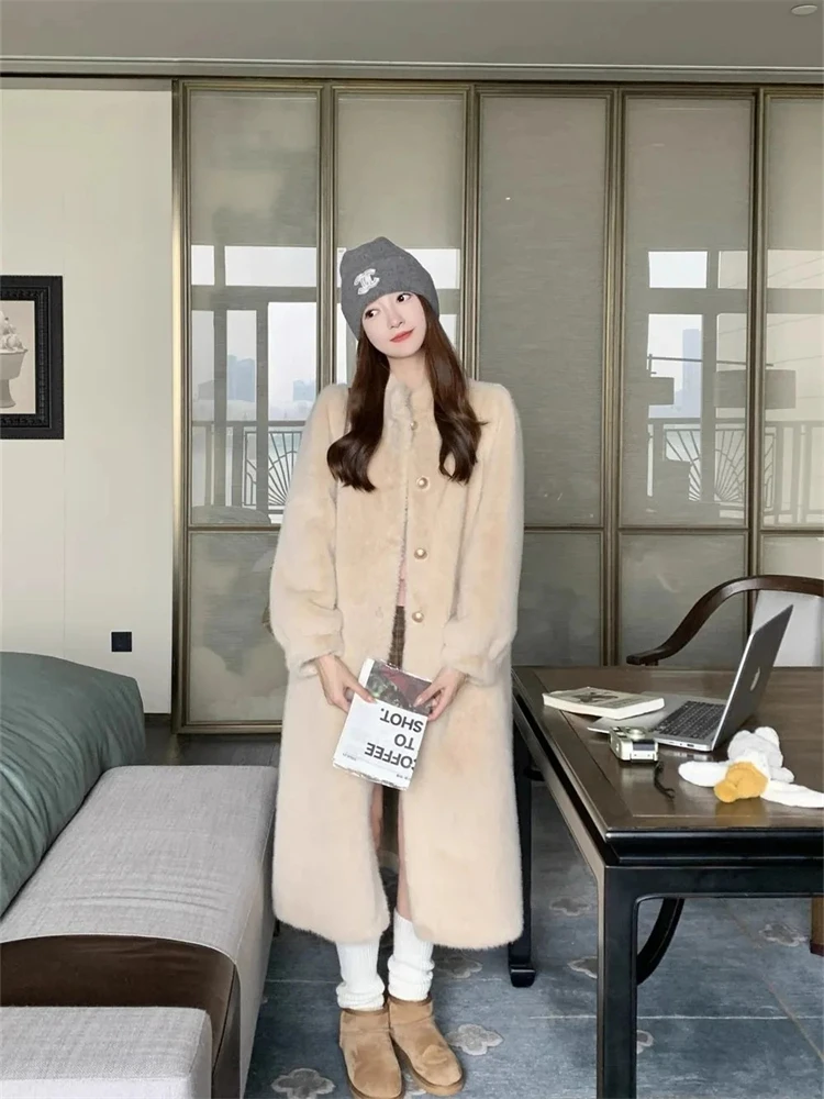 Korean Thick Long Faux Fur Coats Imitate Mink Winter Plush Jackets Stand Collar Warm Chaquetas Luxury Women Furry Outerwear New