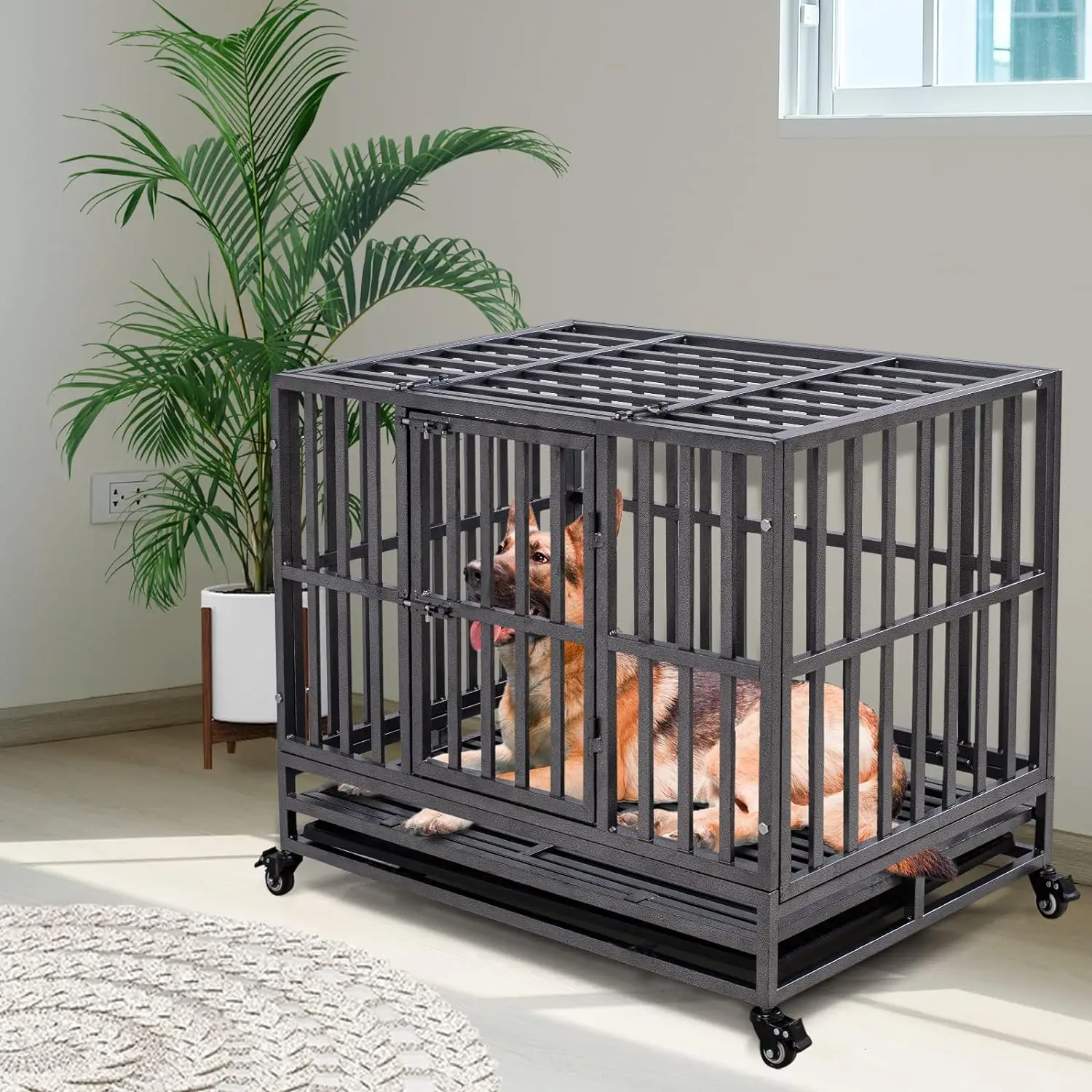 

38 Inch Heavy Duty Indestructible Dog Crate XL Metal Kenneland cage for Large Dog,Escape Proof Dog cratewith Wheels, Removable T