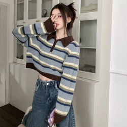 Loose Preppy Style Sweater Top Lapel Stripes Short Pullover Korean Version Zipper Decor Fashionable Contrast Color All-Match Top