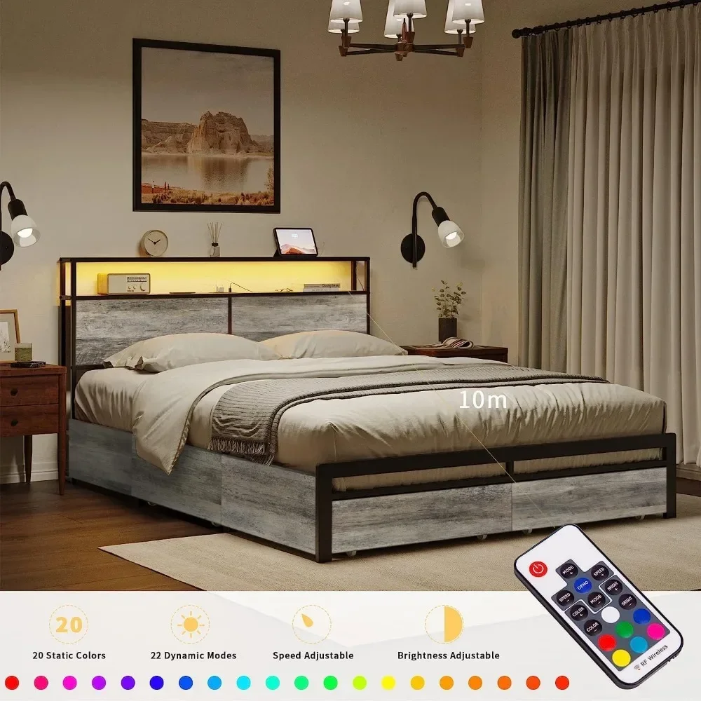 Bed frame with storage headboard and 4 drawers LED light metal platform noiseless mattress base with sturdy metal slats support