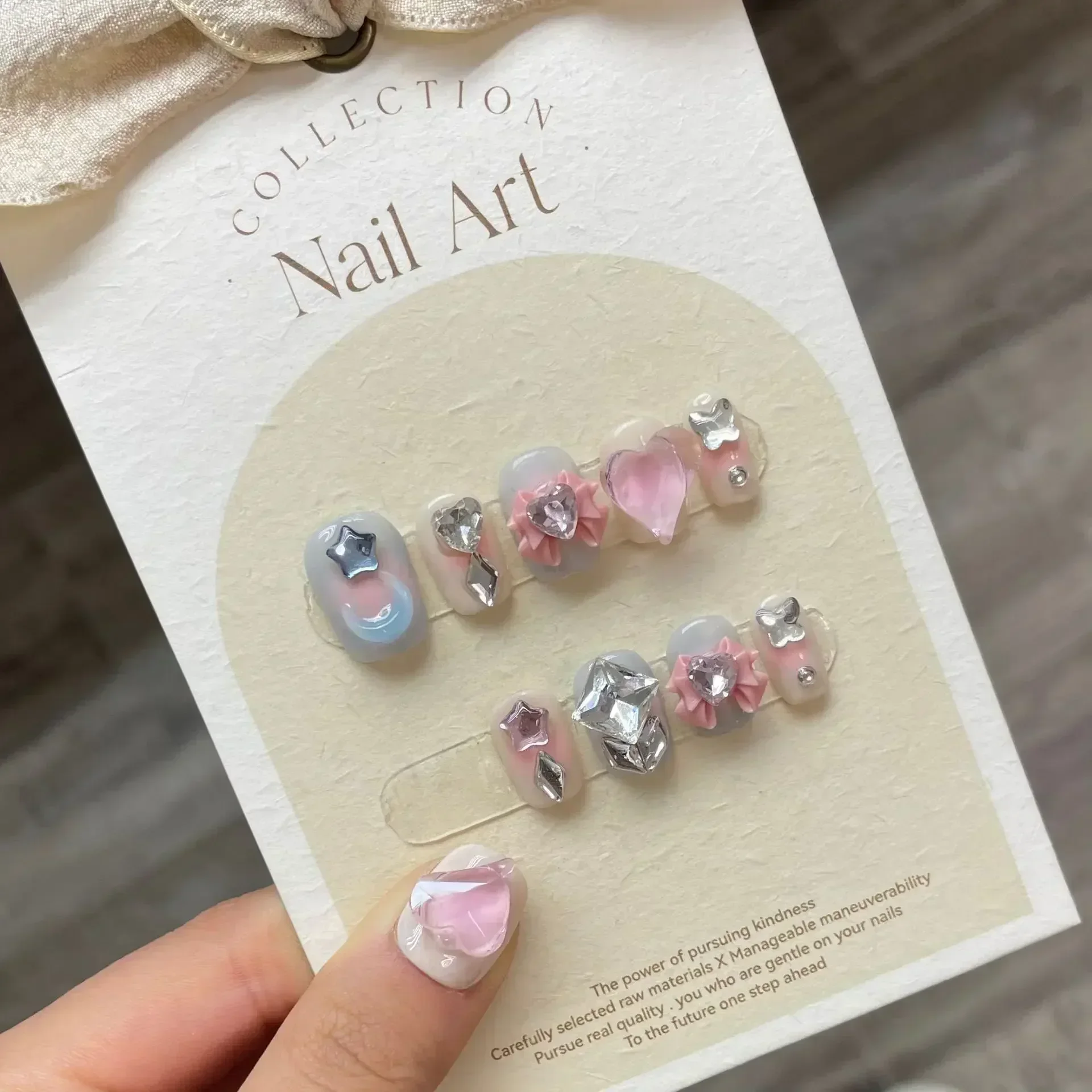 10Pcs Handmade Cute Press on Nails Short  Korean Fake Nails With 3D Star Moon Rhinestone Heart Design Artifical False Nail Tips