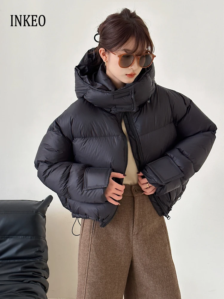 

Short down jacket for women 2024 Winter Oversize Hooded Long sleeve puffer coat warm Black Female outwear Streetwear INKEO DJ076