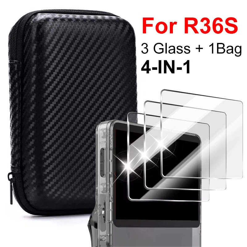 

4 IN 1 Storage Case Game Console Travel Carrying Bag Screen Protectors Tempered Glass Film for R36S R36MAX K36 Accessories