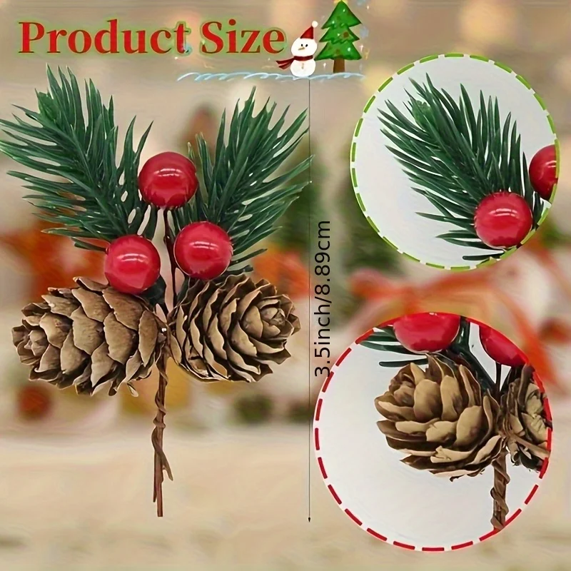 12/24pcs Christmas simulation pine branches, red fruits, pine cones, accessories, holiday handmade decoration small plugin view 3