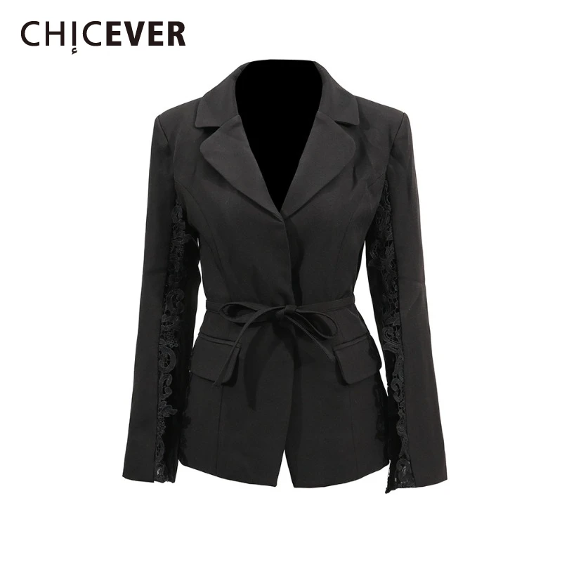 

CHICEVER Elegant Evening Spliced Lace Up Coat for Women Lapel Long Sleeve Patchwork Lace Edge Slimming Temperament Jacket Female