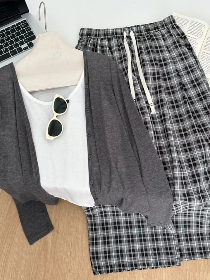 طقم نسائي محبوك غير رسمي على الطراز الكوري بأكمام طويلة ملابس داخلية بدون أكمام سترة خارجية بأكمام طويلة سترة محبوكة معطف منق...