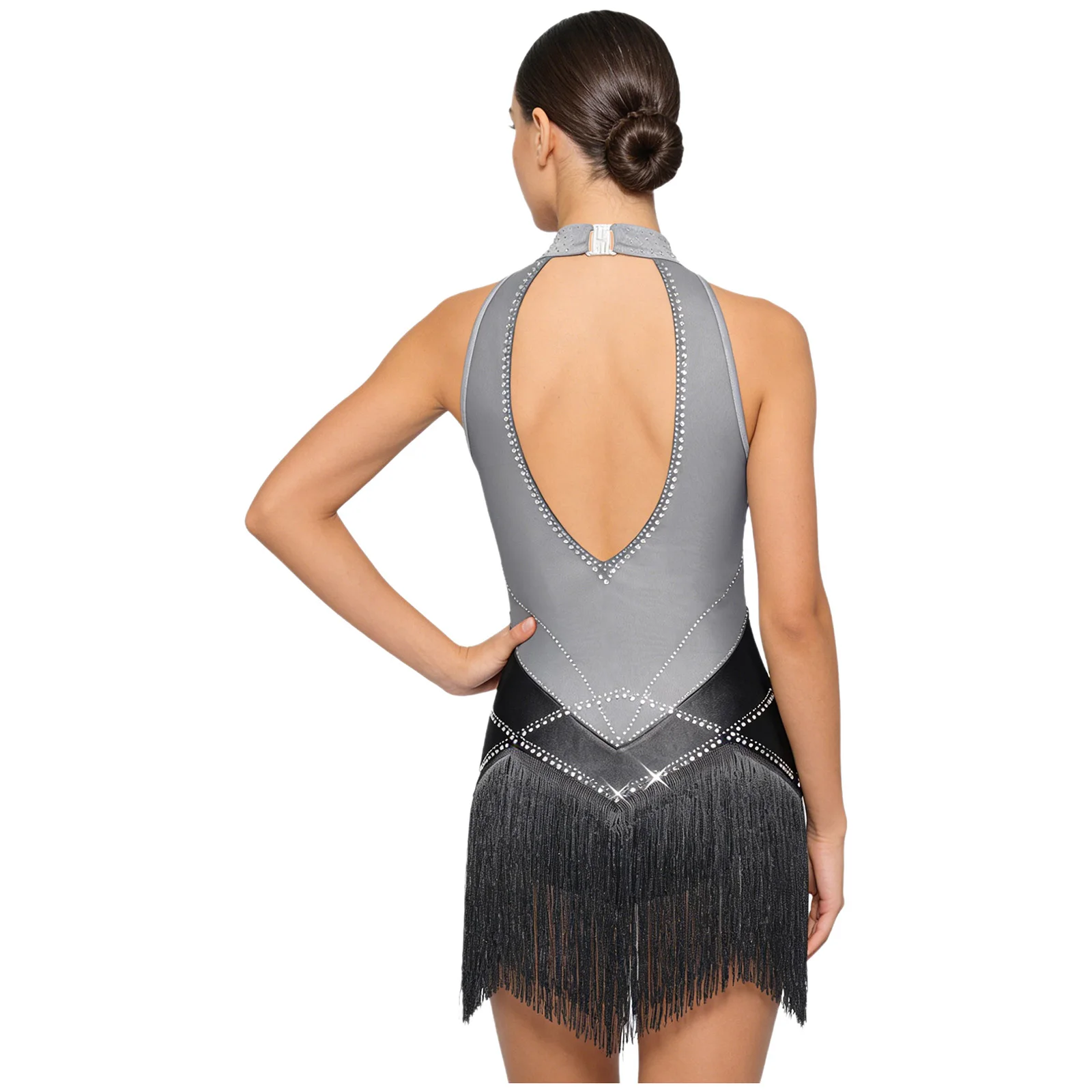 

Women Figure Skating Latin Fringed Leotards Dress Halter Rhinestones Sleeveless Dance Tassel Jumpsuit for Tango Jazz Rumba Salsa