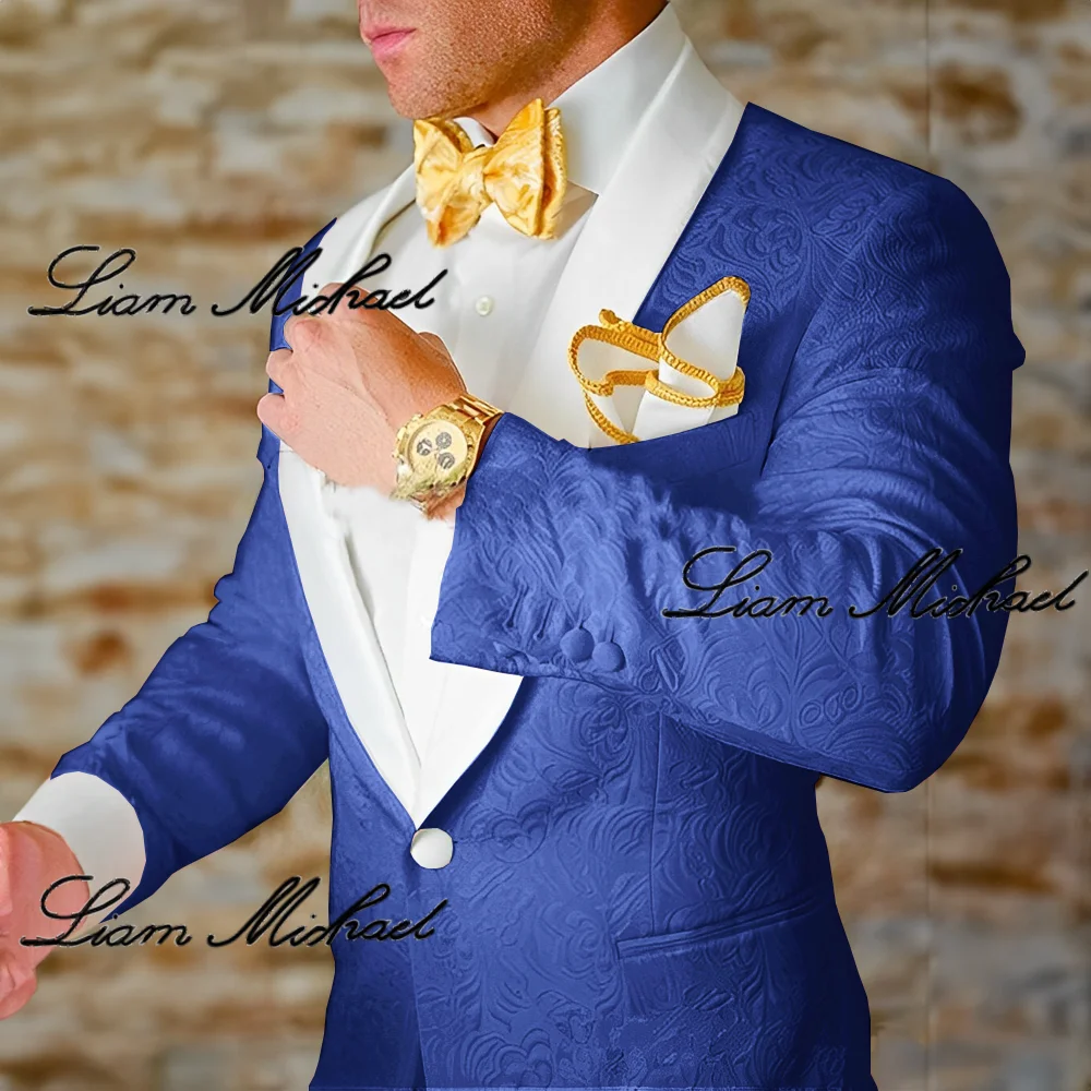 

Royal Blue Jacquard Blazer Men's Wedding Suit 2-piece Groom's Tuxedo Jacket Pants Formal Slim Outfit XS-5XL