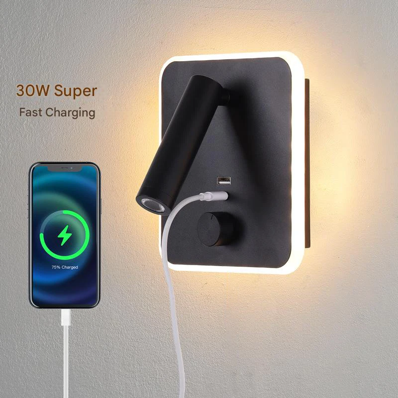 

Modern LED Wall Sconce with Fast USB-C Charging Port Bedside Reading Wall Lamp with 3W Spotlight & 8W Backlight Nightstand Light