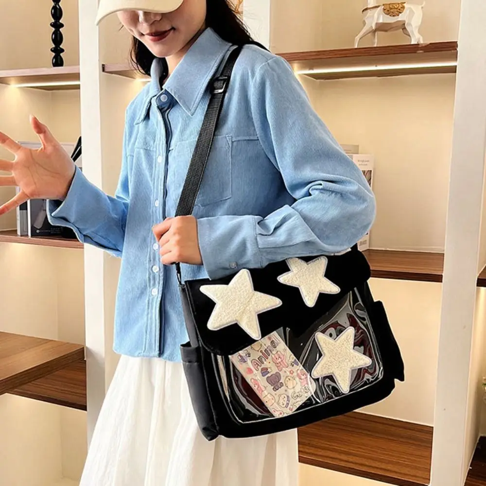 

Simple Canvas Star Crossbody Bag Large Capacity Y2k Pentagram Shoulder Bag Solid Color Zipper Nylon Student School Bag Girl