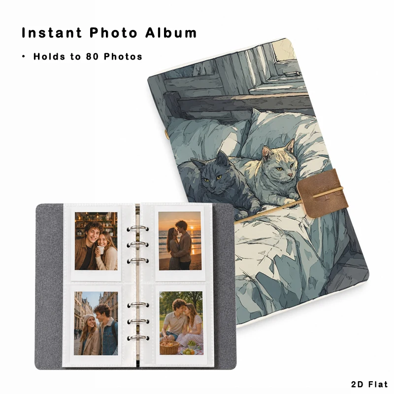 Cute Cat Art Print Photo Binder Album 80 Pockets, Loose-leaf 6-Ring Photo Storage Book for 3 Inch Instant Photos, Portable Memor