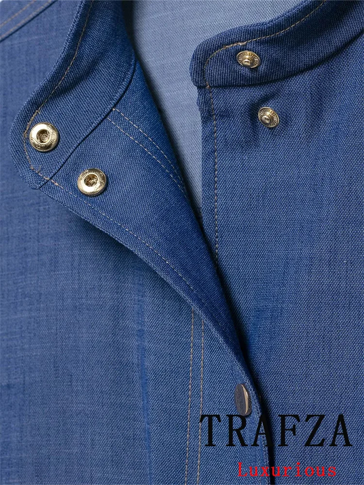 TRAFZA Vintage Casual Blue O-คอยาวแขนยาวเดี่ยวBreastedกระเป๋าแจ็คเก็ตใหม่แฟชั่น 2025 วันหยุดฤดูใบไม้ผลิหญิงเสื้อ