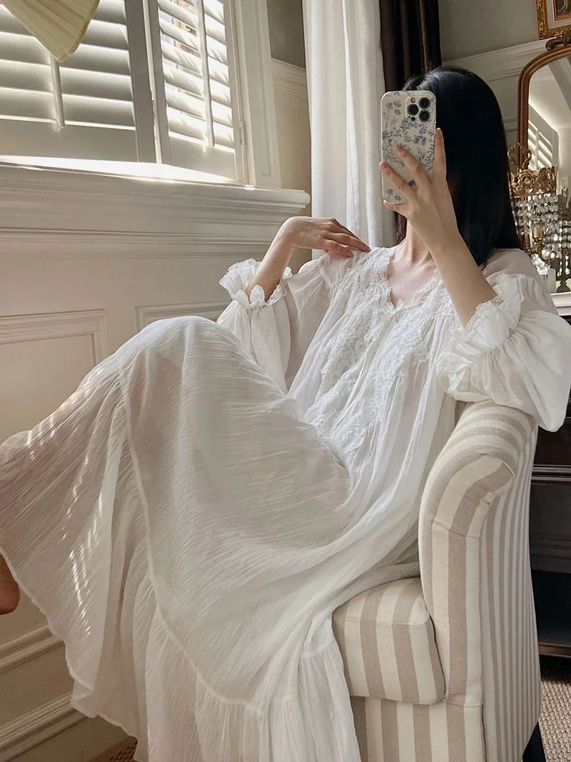 Large Size Women Spring Autumn Vintage Mesh Nightgowns Long Sleeve Lace Nightdress Victorian Night Dress Princess Sleepwear