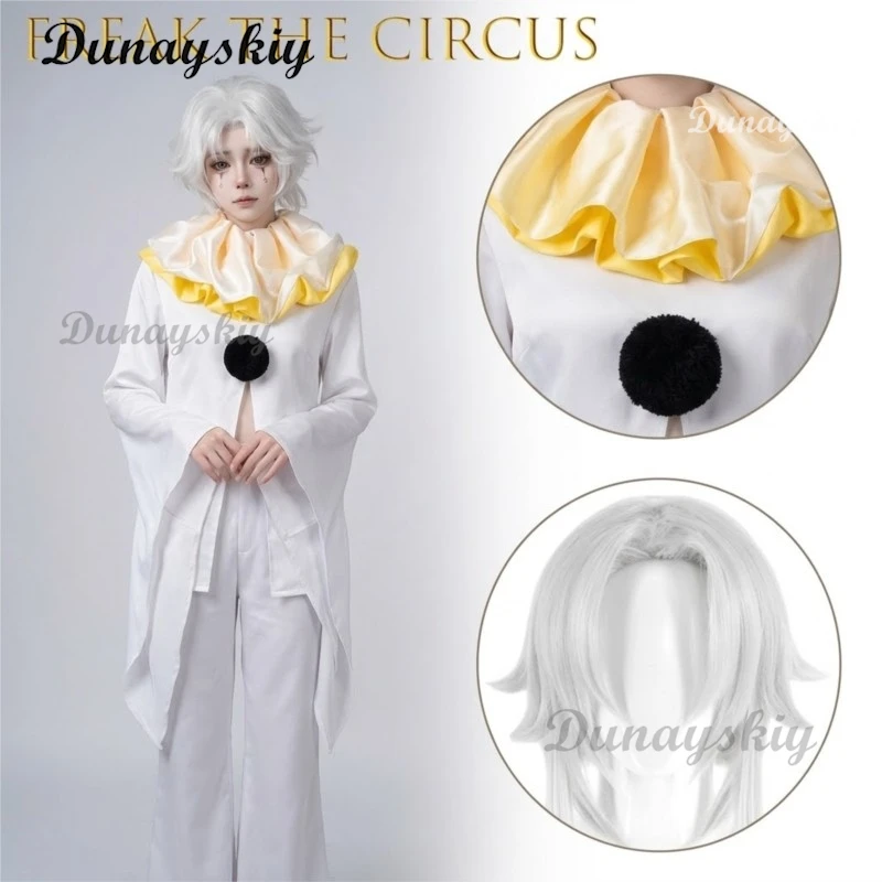 Costume complet de clown blanc Pierrot Freak Party, masque, cheveux longs blancs, accessoire cloche pour convention, fête d'Halloween