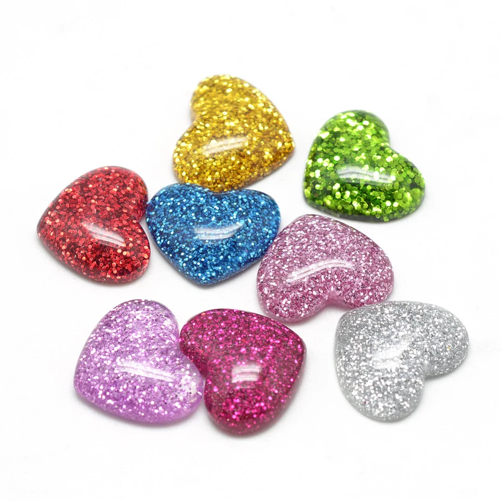 Resin Cabochons with Glitter Powder Heart Mixed Color 14x16x5mm