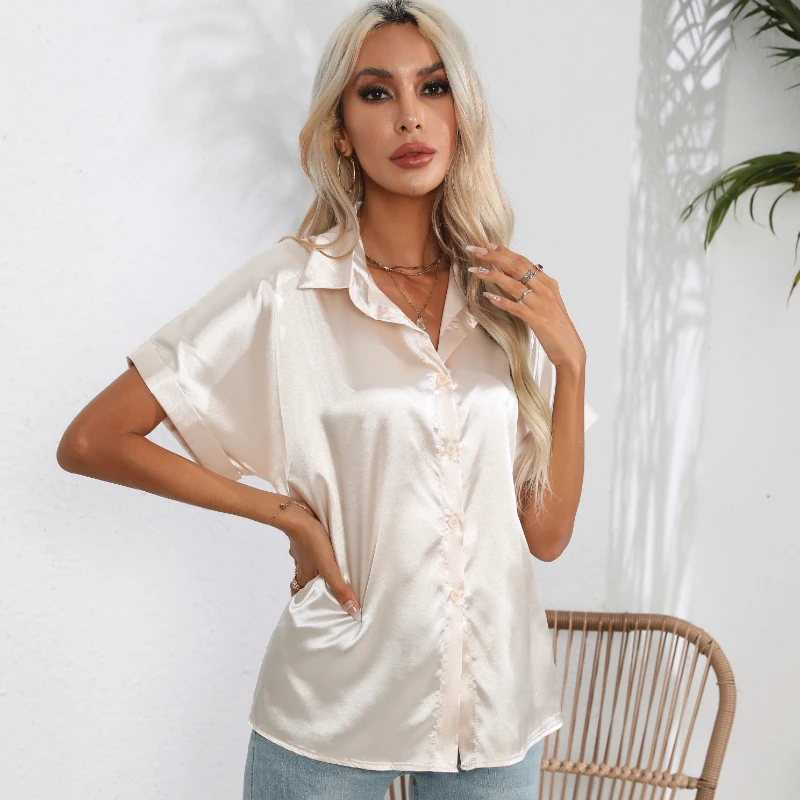 

Satin Women Shirt Loose Fitting Shirt Female 2023 Summer New Short Sleeved Blouse Silk Shirts and Blouses OL Elegant Womens Tops