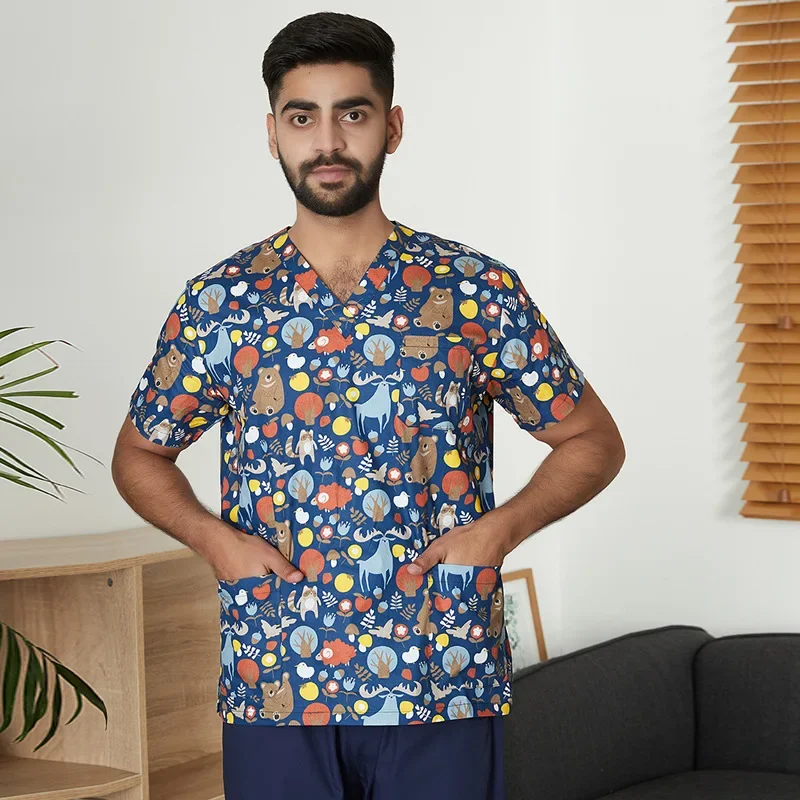 Cartoon Print Nurse Uniform V-Neck Short Sleeve Scrub Top Surgical Work Shirt for Medical Professionals Unisex Pediatric Uniform