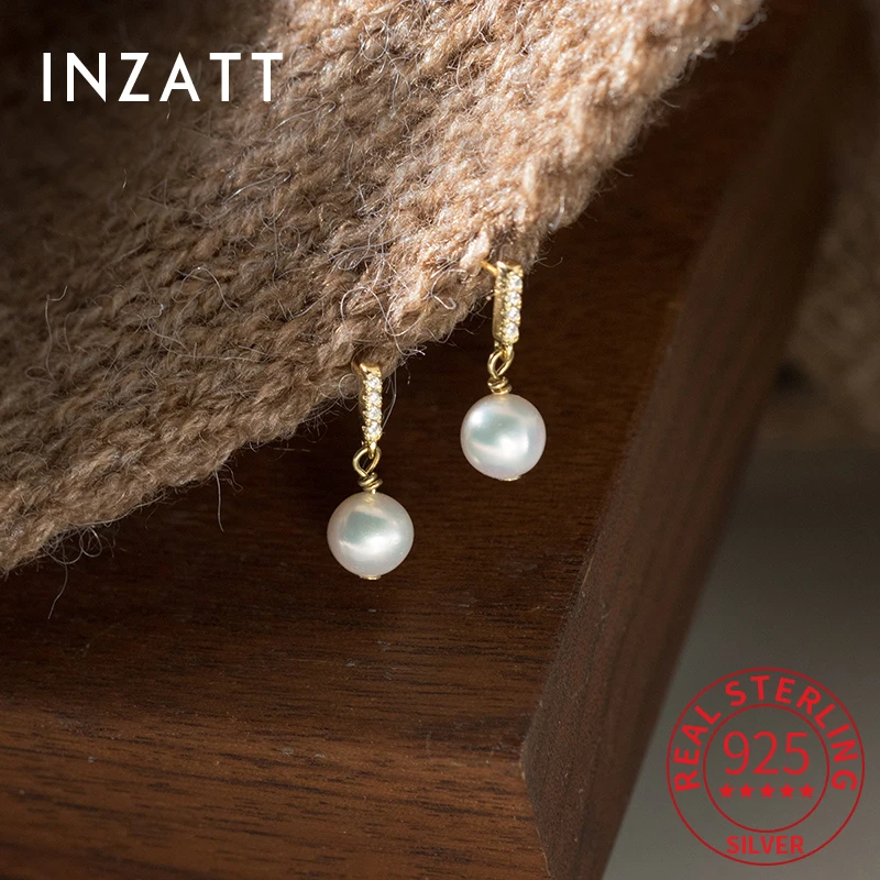 

INZATT Real 925 Sterling Silver Zircon Pearl Pendant Stud Earrings for Women Cute Fine Jewelry Exquisite Luxury Accessories