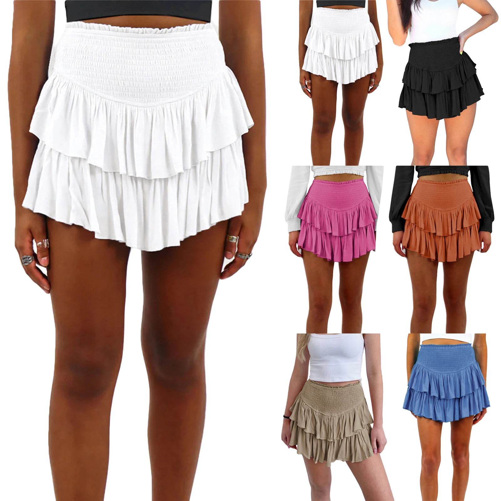 

6 Colors Summer Women's Fashion Ruffled A-line Skirt Solid Color Sexy High Waist Ruched Ruffle Mini Skirt Streetwear