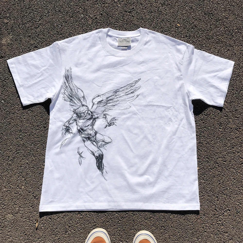Heavyweight 260G Retro Style Loose Short Sleeve T-Shirt by Wang Youbing Studio Trendy Cotton Polyester Blend Unisex Top