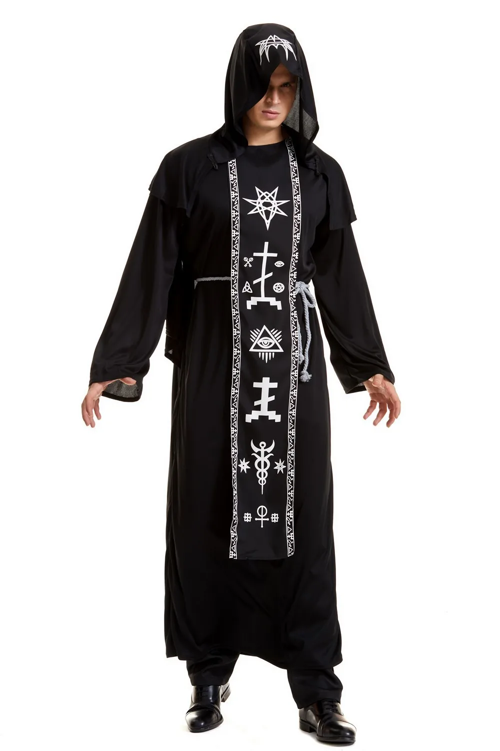 Adulto Medieval Magician Robe Cosplay Costume para Homens Mulheres Preto Com Capuz Bruxa Assustador Diabo Role Play Costume Para Halloween Party