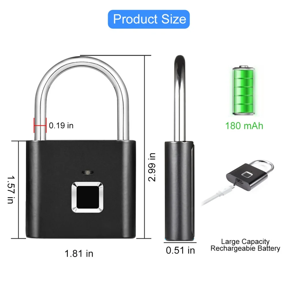 Keyless USB Charging Door Lock Fingerprint Smart Padlock Quickly Unlock Zinc Alloy Metal Self-imaging Chip 20 Fingerprints