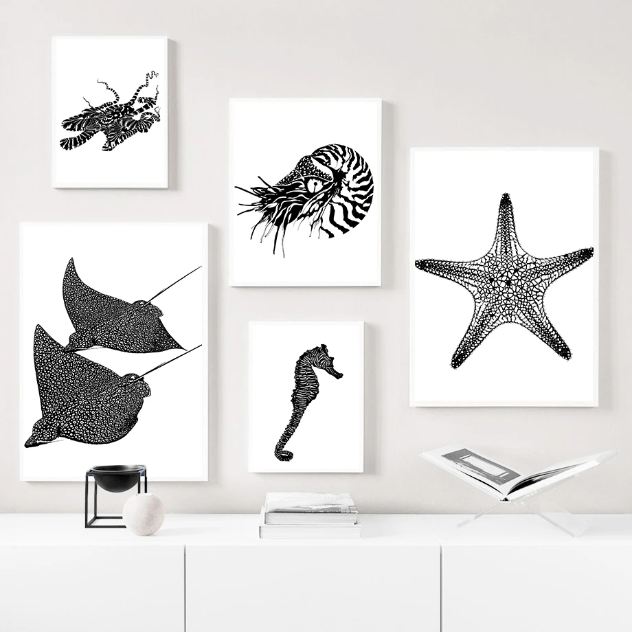 Seahorse Nautilus Thornback Ray Octopus Starfish Marine Organism Wall Art Canvas Painting Nordic Poster Home Living Room  Decor